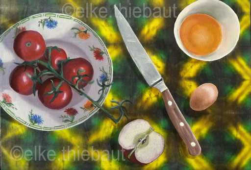 Titre/title: «Tomates frai*îches», technique mixte sur contreplaqué/mixed media on plywood, 30 x 40 cm, 2022