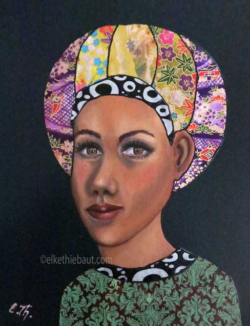 "Marie", acrylique, huile et collages sur panneau MDF, 24 x 30,5 cm