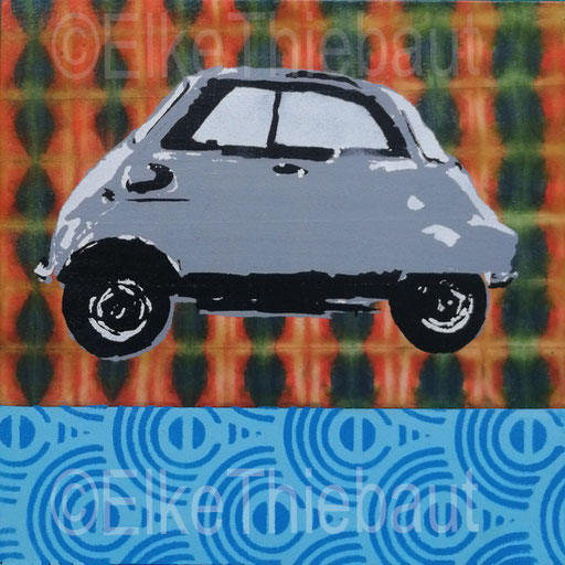 »Isetta»  Acrylique et encres acryliques sur papier marouflé sur papier, 25,5x25,5x3cm