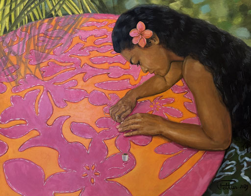 PELTIER Confection du "tifaifai" Huile sur toile 52x66 2025