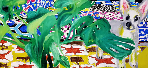 "Mostera with bed and Chihuahua", 2020, 60x140 cm, Acryl und Öl auf Leinwand