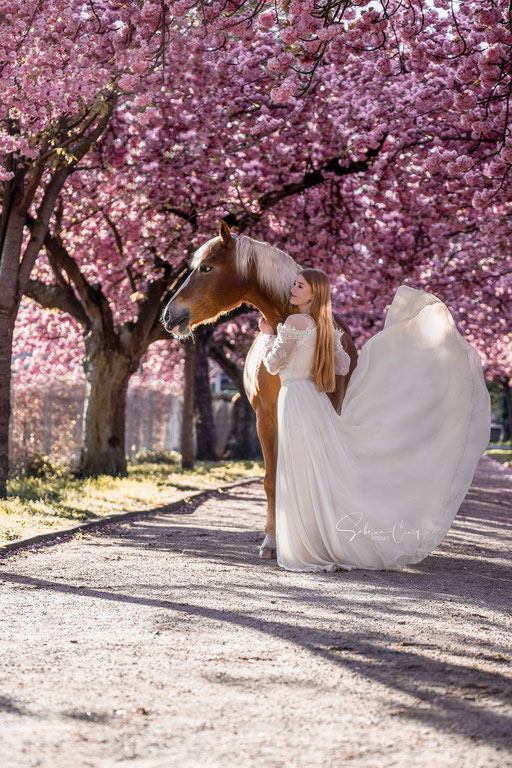 Kirschblütenshooting mit Kleid und Pferd