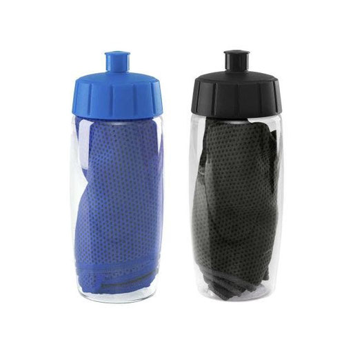 CÓDIGO SPO 004 Kit de cilindro con válvula de seguridad y rosca twist-off con toalla de sistema de enfriamiento instantáneo al contacto con el agua. MATERIAL PET Cilindro/ Poliéster Toalla. MEDIDA 6X18.9 CM CILINDRO/ 30X100 CM Toalla. CAPACIDAD 575 ml  