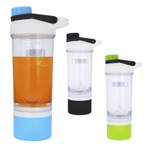 CÓDIGO T91 MIX Shaker de plástico con compartimento, bola mezcladora plástica y tapa enroscable con asa. Material: Plástico Capacidad: 500 ml. Medidas 26 x 7.5 cm
