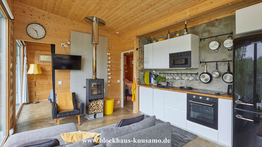 Holzhaus in Blockbauweise - Wohnküche mit Kamin und Küchenzeile