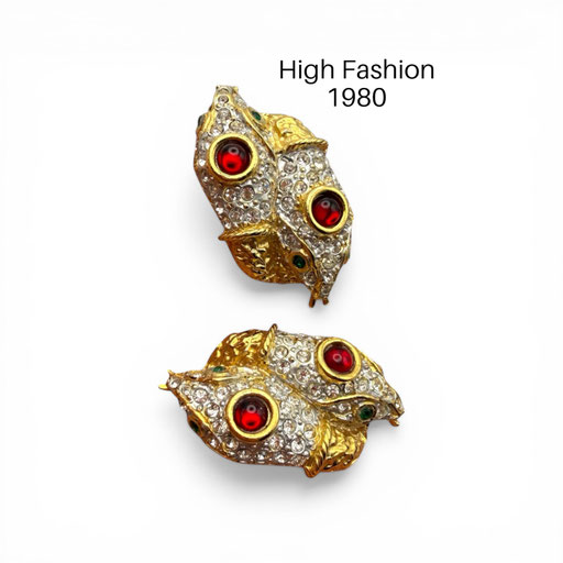 Statement Vintage Double Snake Head Gripoix Style Glass Cabochon Large clip-on Earrings - Art.686/7