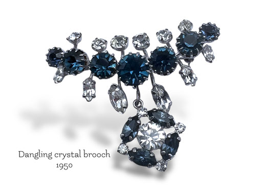 Lovely blue crystal stones set on dangle bar-style brooch with clear rhinestones spray - lively design -Art.17/7