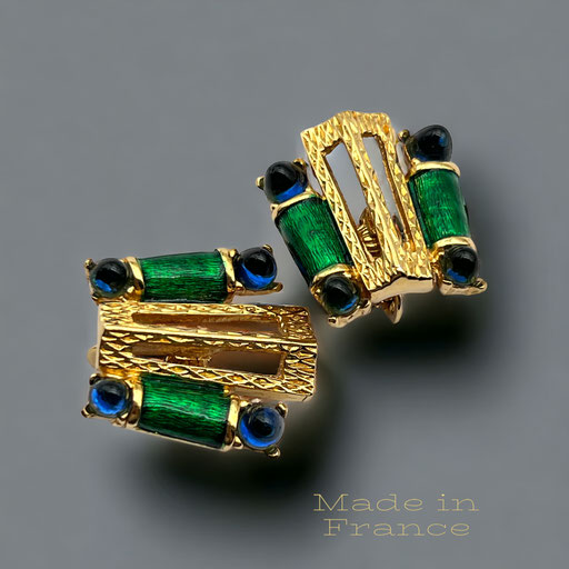 Gorgeous  French Couture green enamel and blue bullet cabs earrings -1970 original collectable signed  -- Art.83/7