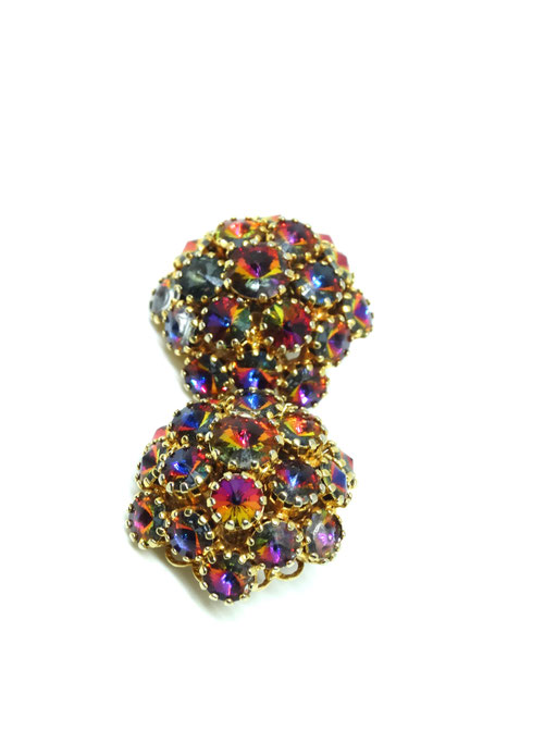 Vintage button domed 1950's peacock clip-on earrings with kaleidoscopic colors crystal stones - art.217/6-SOLD