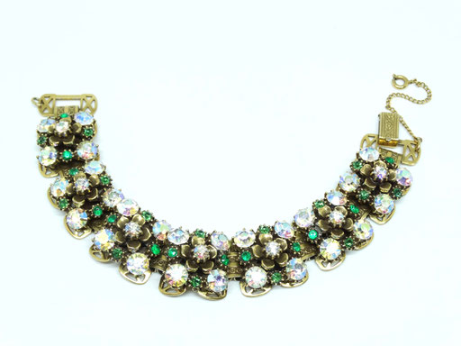 Fabulous Florenza book link Bracelet with AB and green crystal rhinestones - antiqued ornate gold tone book chain - Art.169/6
