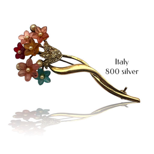 Italian 800 silver gold plated Fruit Salad Spray Brooch - glass flowers bouquet accented by tiny pearls and crystals - Art.606/4