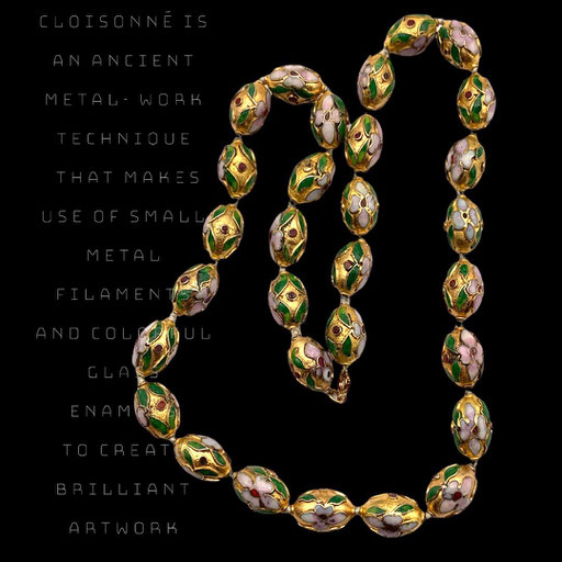 Vintage Gold metal Champleve Cloisonne Bead Necklace - 18mm Knotted Enamel fine Cloisonne Beads Necklace Art.332/6