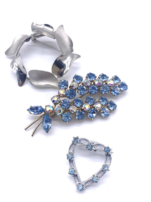 1950 Small antique collection -3 ancient brooches - gold and silver - gorgeous blue glass rhinestones,Aquamarine, Pale blue AB--art.848/2-