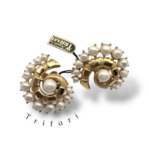 Trifari Crown Gold Tone White simulated Pearls Swirl Clip On Earrings Signed - with original paper tag - Art.647/7