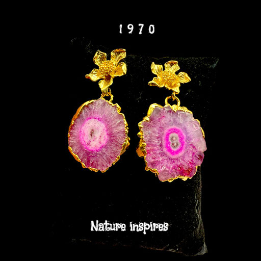 Stalagmite Slice Earrings, 1970 nice Pink Agate natural stone pendant Earrings, Stone Statement Earrings - Art.299/2