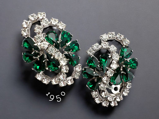 High-end design simulated Emerald and Diamond open oval form clip-on earrings -sparkles and glamour -art.477/7
