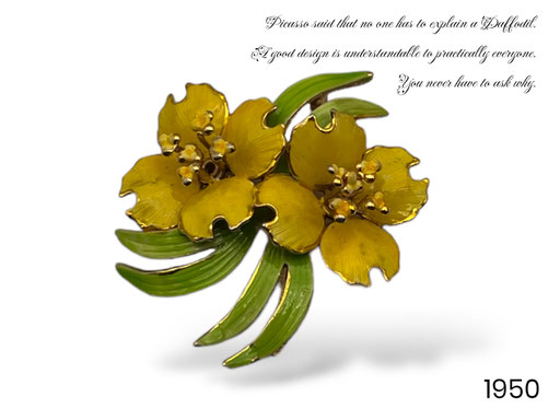 Sweet 1950 figural yellow daffodils bouquet brooch, charming floral arrangement with yellow and green enamel- art.982/6-SOLD