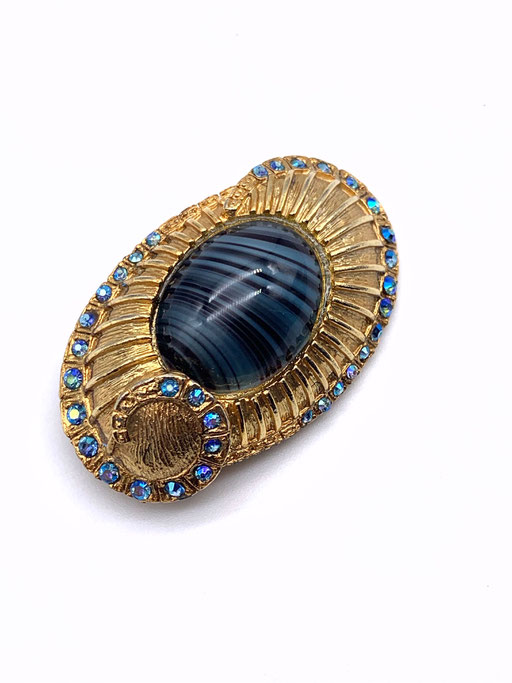 Vintage ALUCRAFT signed Blue Stone Brooch, Unusual Shape - fantastic Art Glass stone & AB crystals-for collection -art.452/3-SOLD