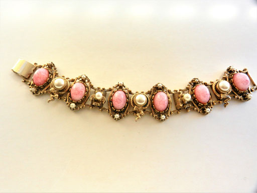 Florenza Bracelet Renaissance Revival Style Intricate BookChain Design ornated by Art Glass Pink Peking & Pearls-art.180/5
