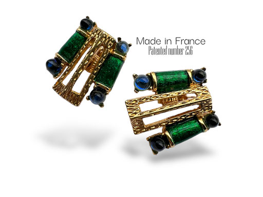 Gorgeous  French Couture green enamel and blue bullet cabs earrings -1970 original collectable signed  -- Art.83/7