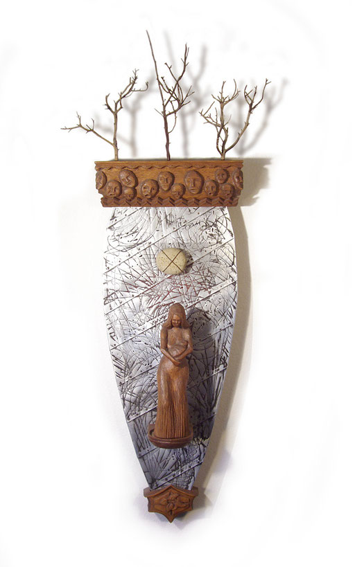 Dreams: 15 x 8 x 46" carved wood, aluminum flashing, tree branches, rock