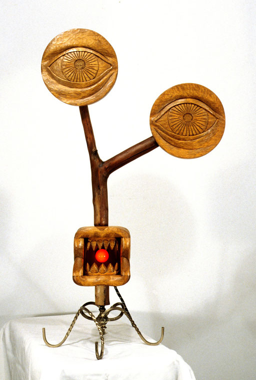The Watcher: 11 x 11 x 33" wood carving, mixed media
