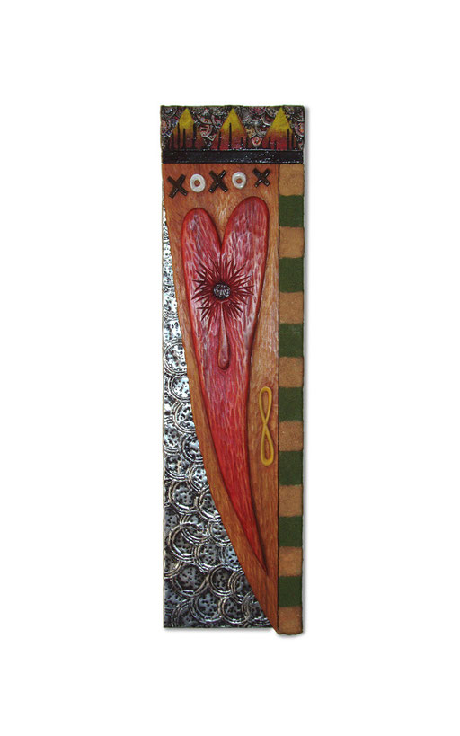 There's A Hole In My Heart Where The Love Leaks Out: 9 x 35 x 2" wood carving, mixed media