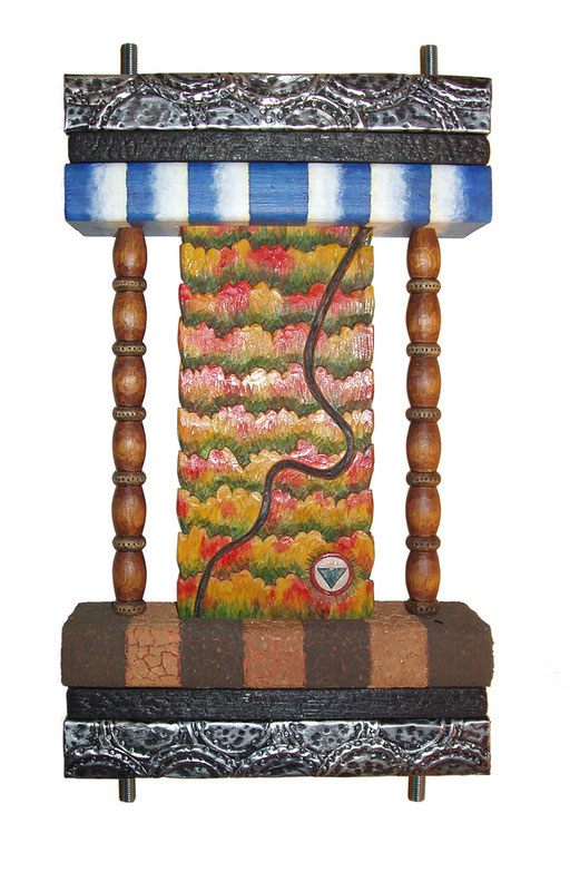 Ochs Highway: 10 x 20 x 3.5" wood carving, acrylic, burnt wood, metal can lids, bolts and nuts, red Tennessee clay, backyard dirt