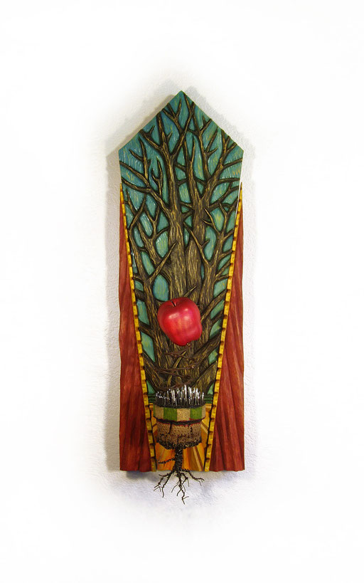 Forbidden Fruit: 10 x 32 x 6" wood carving, mixed media/ SOLD