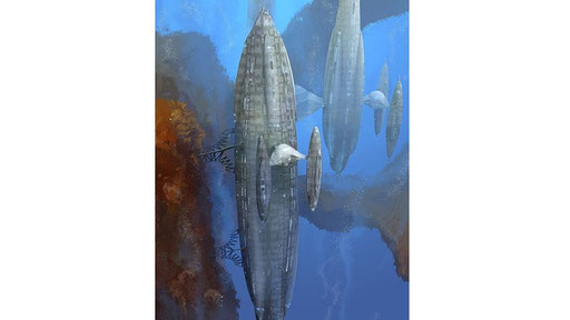 Montag Cala City Konzeptbilder. Die Gestaltung der Gebäude erinnert an die Mon Calamari Kreuzer in "Die Rückkehr der Jedi-Ritter". 