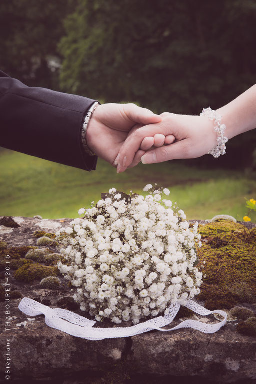 Photographie de mariage posée dans le parc d'un château du Bugey