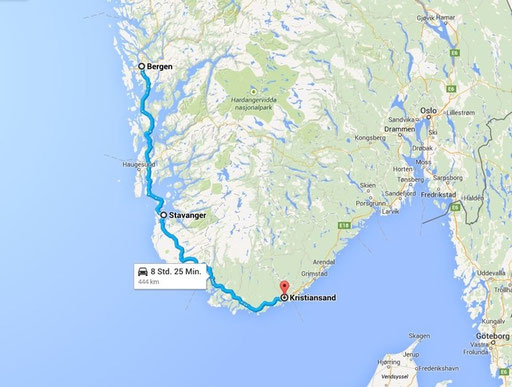 Variante 2: Bergen Ziel: Kristiansand 444 km