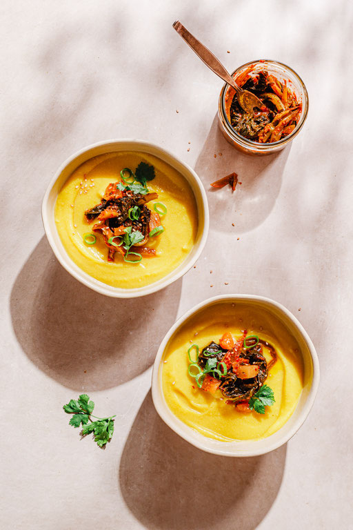 Pumkin Soup with Kimchi di Rapa. Cooperation with zero waste food company "Roots Radicals". Styling, photos, recipe development.