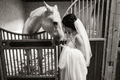 Die Braut im Pferdestall, fotografiert beim Gut Thurnsberg von Mr & Mrs Wedding.  Hochzeitsreportage