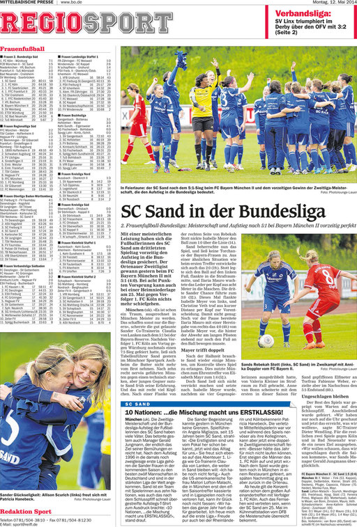 Aufstieg des SC Sand in die Erste Fußballbundesliga der Frauen, Mittelbadische Presse, 12.05.2014