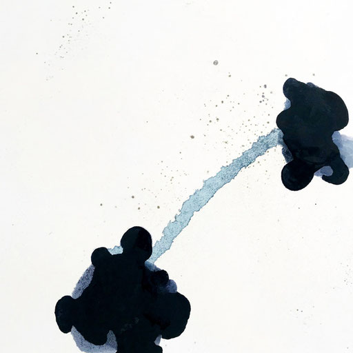 Malerei auf Monotypiedruck, 34,5 x 34,5 cm,  Klavierlack, Tusche, 2018