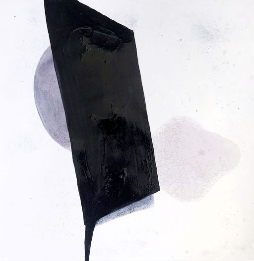Malerei auf Monotypiedruck, 34,5 x 34,5 cm,  Klavierlack, Tusche, Pigment,  2018