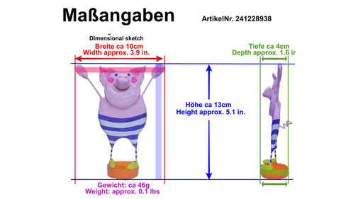 Auf diesem Bild sind die Abmessungen des Produkts sowohl von vorne als auch von der Seite dargestellt. Die Größe des Glückschweinchens beträgt ca 13 Zentimeter. 