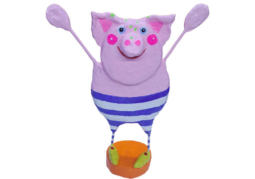 Witziger Glücksbringer: handbemaltes Schweinchen in klaren Farben.