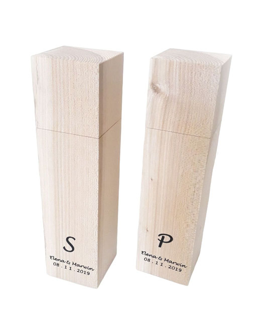 Ulmenholz Pfeffermühlenset mit "S" und "P" Lasergravur