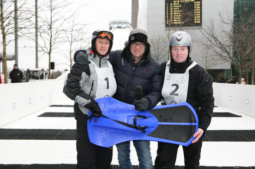 Jens Weißflog, Béla Réthy und Joey Kelly beim Bobrennen - Januar 2012