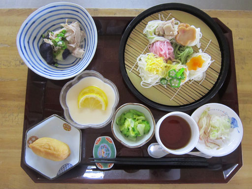 2022/07/07 【七夕】七夕そうめん、いなりずし、ゆで豚と茄子の和え物、キャベツの浅漬け、豆乳レモンヨーグルト