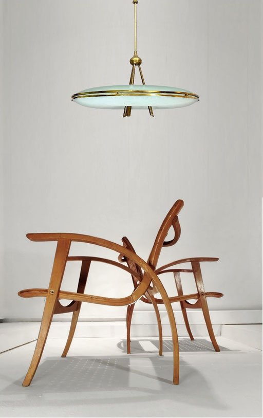 Erich Dieckmann Bauhaus Pair of Armchairs for Galenka Tyksland, Weimarer Republik, 1933 / Max Ingrand Pendant Lamp for Fontana Arte, 1954