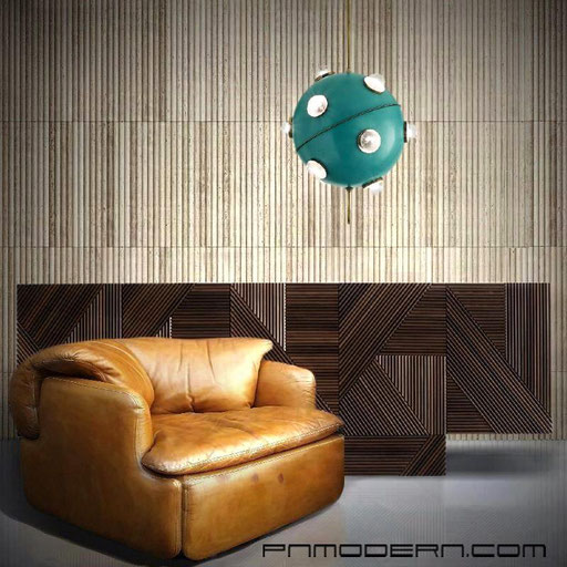 Alberto Rosselli "Confidential" Armchair for Saporiti italia, 1972 / Ferruccio Laviani "Strap" Sideboard in massive carved Oak for Cantu, 2000s /  Oscar Torlasco  Pendant Lamp Mod. 551 for Lumi, Italy, 1950s. PN.Modern
