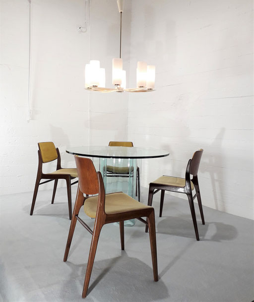 Kaiser Leuchte Opal Glass Chandelier, 1950s / Rodolfo Dordoni Dining Table, Fiam Italia, 1990s / Wilkkahan Dining Chairs, 1950s. PN.Modern
