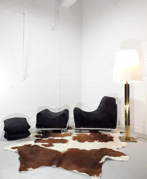 Luigi Collani "Orbis" set by COR, 1969 / Willy Rizzo Bicolour Fllor Lamp, 1970s / Argentinian Cowhide Rug. PN.Modern