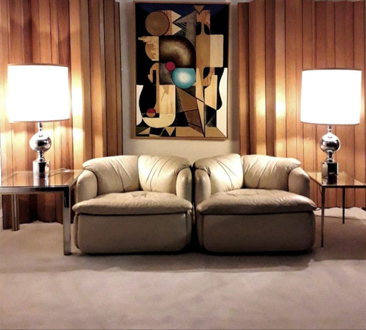 Alberto Rosselli "Confidential" Armchairs for Saporiti, IT, 1972 / Philippe Barbier Table Lamps, FR, 1970s / Willy Rizzo Side tables, IT, 1970s - PN.Modern pnmodern