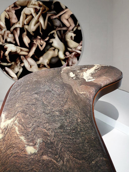 Italian Brutalist "Majestic Ocean" Marble Table, 1970s / "Opium" Oil on Canvas Painting by Giuseppe Piovesan, 2014. PN.Modern