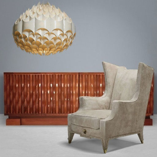 De Coene oak Brutalist Sideboard 1970s / Arturo Pani Suede Armchair, Mexico, 1960s / Haclova Milanda "Rytmic" Lamp 1969 - PN.Modern pnmodern