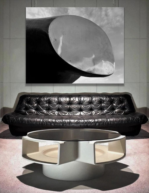 Henry Moore Sculpture Photography, 1980s / Airborne International Leather Sofa, France, c. 1968 / Jean Maneval "Orion" Table, 1968. PN.Modern